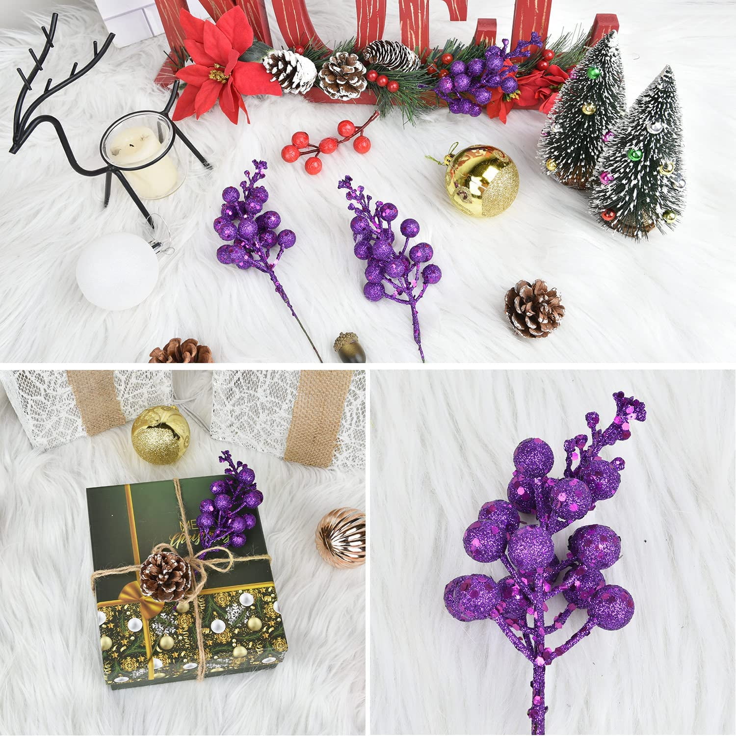 17 Pack Christmas Glitter Berries Stems, 7.8Inch Artificial Christmas Picks for Christmas Tree Ornaments, DIY Xmas Wreath, Crafts, Holiday and Home Decor (Light Purple)