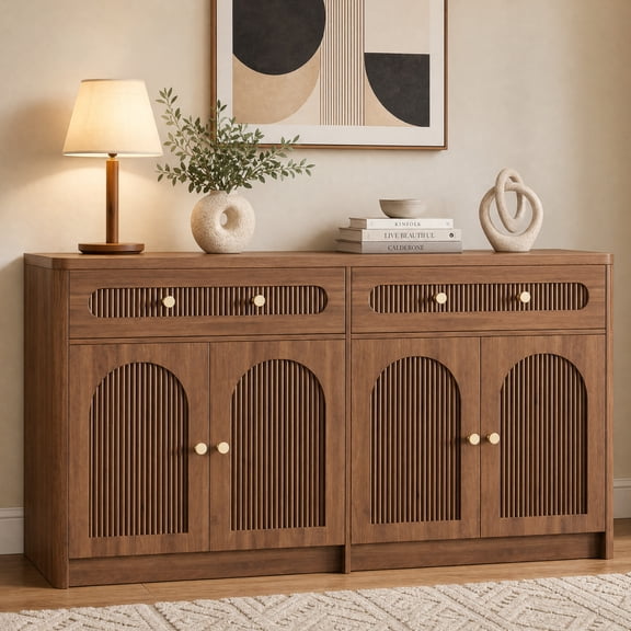 Seetech 59'' Mid Century Modern Sideboard Buffet with 2 Drawers & 4 Doors, Fluted Arched Door Accent Storage Cabinet for Kitchen Living Room Bedroom, Walnut