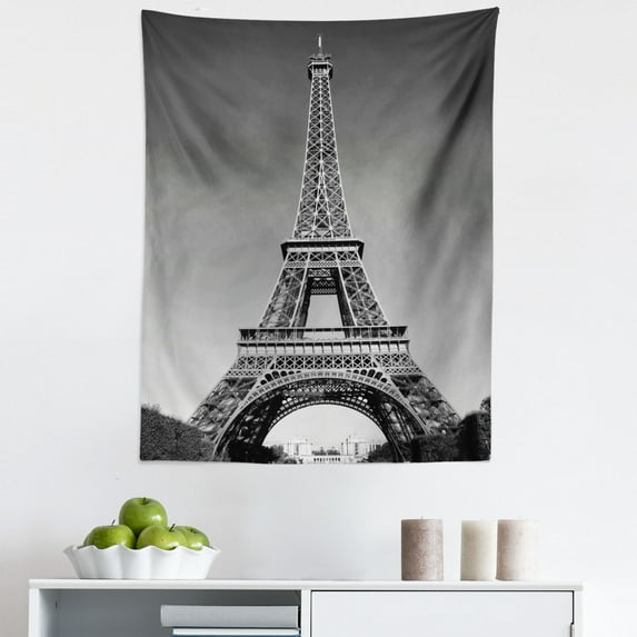 Eiffel Tower Tapestry, Paris Landmark Monochrome Picture of Cityscape European Urban Famous Place Image, Fabric Wall Hanging Decor for Bedroom Living Room Dorm, 5 Sizes, Grey, by Ambesonne