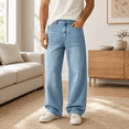 thumbnail image 3 of GZMOALH Men's Vintage Wide Leg Jeans, Relaxed Fit Straight Leg Denim Pants with Pockets for Casual Everyday Wear, 3 of 9