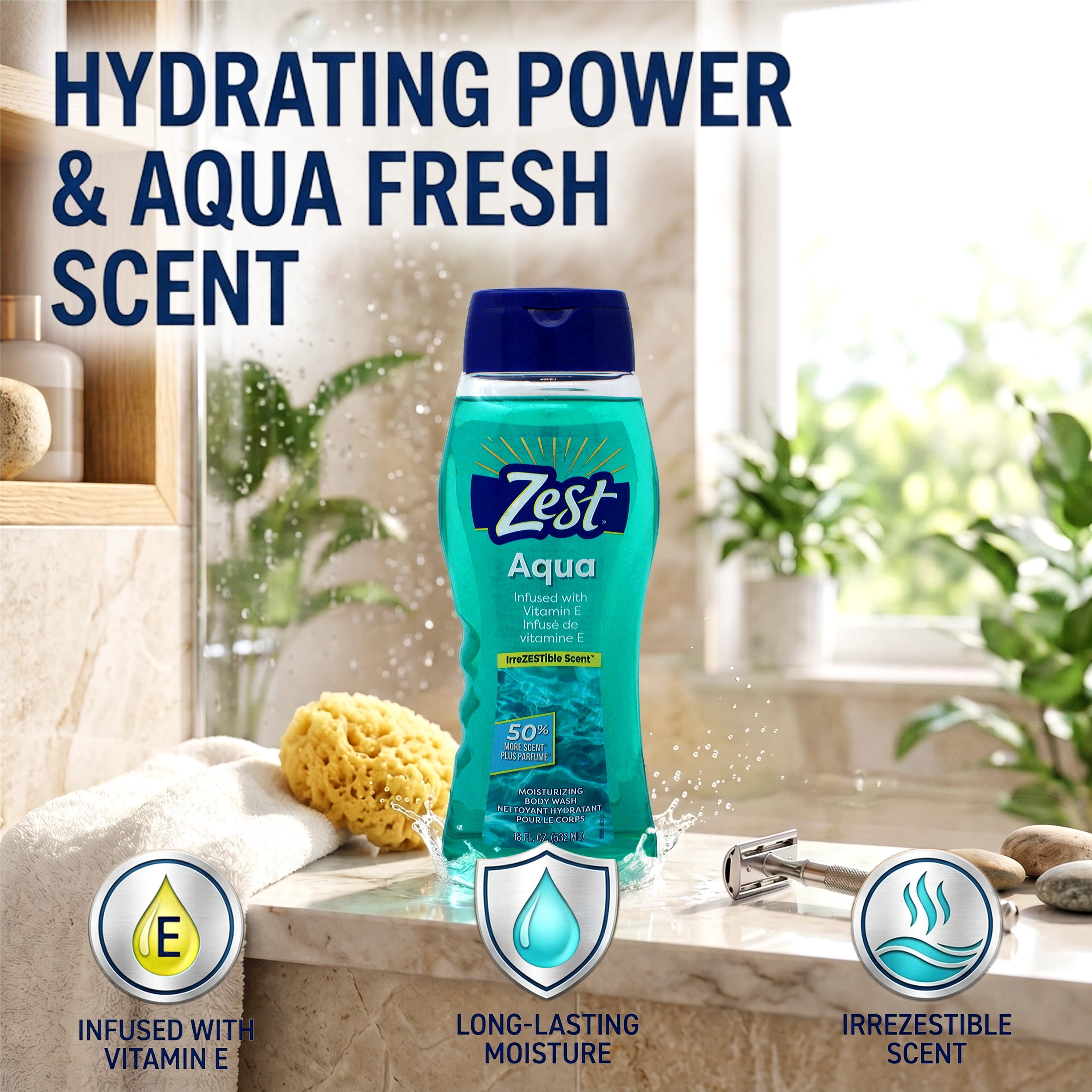 Zest Aqua Hydrating Shower Gel Body Wash, 18 oz (Pack of 6