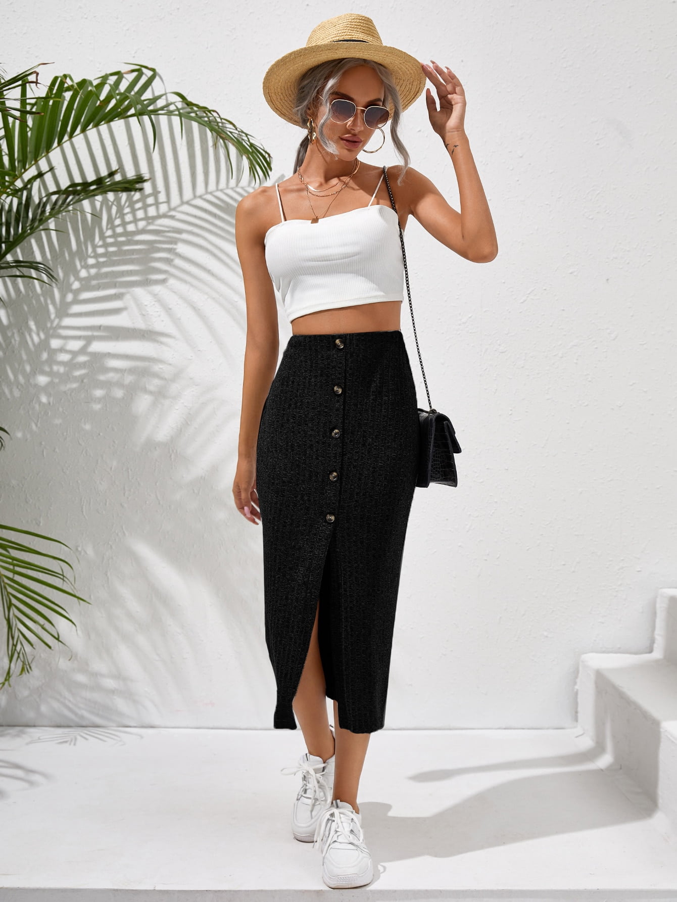 Button Front Rib knit Skirt Casual 