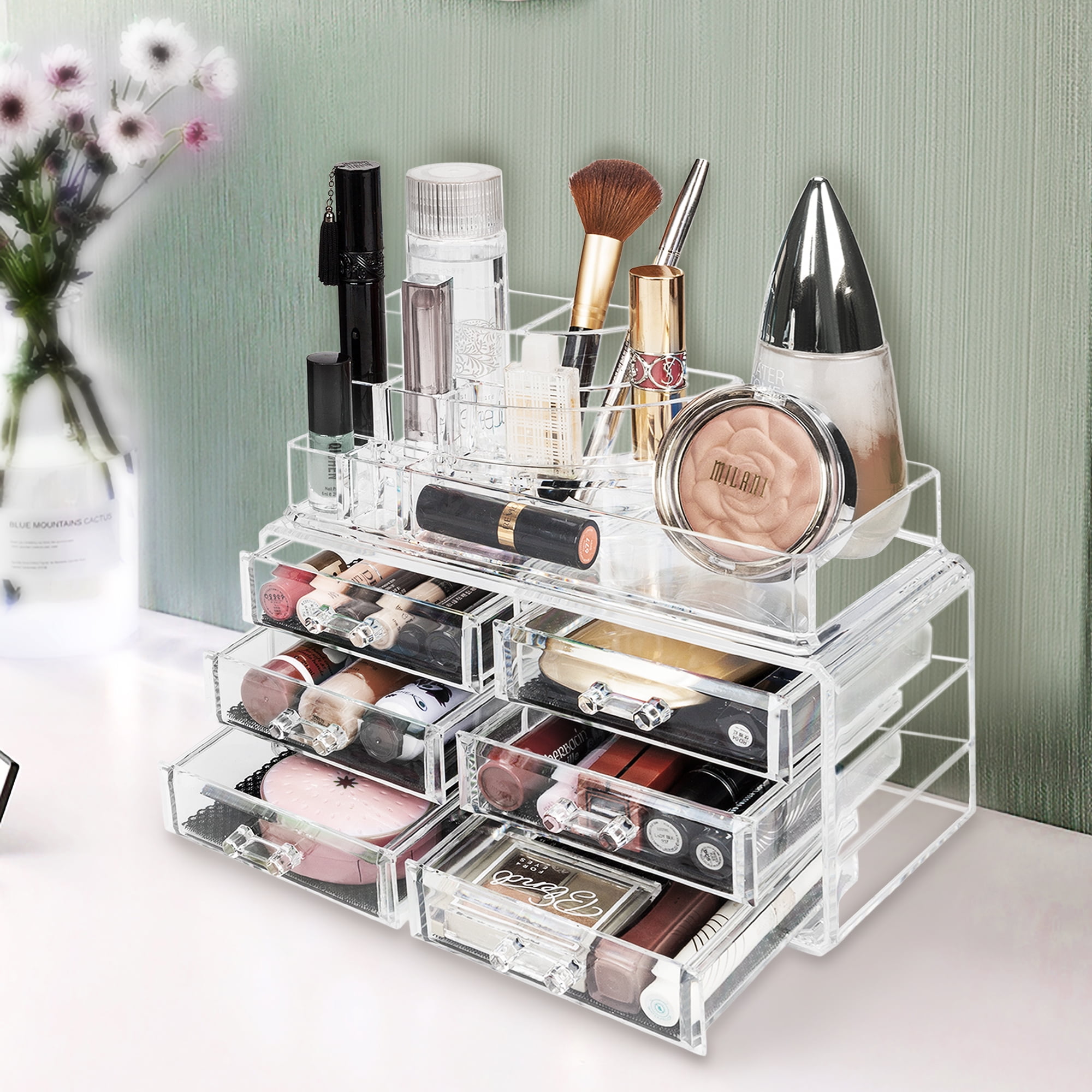 Jewelry Makeup Cosmetic Storage Organizer Two Pieces Set Makeup Organizer  Cosmetics, Jewelry, Hair Accessories, Bathroom Counter or Dresser, Clear  Design for Easy Visibility 