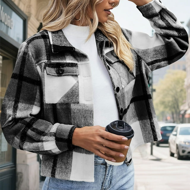 Ailaofu Flannels for Women Cropped Shacket Jacket Fashion Plaid Button Down Shirt 2025 Fall Coat Tops