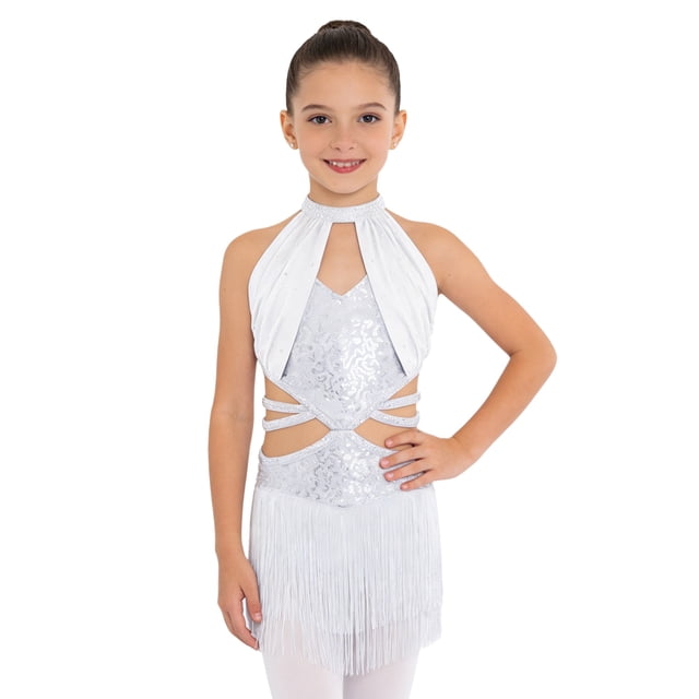 Jizyo Robe de Danse Latine à Paillettes pour Adolescentes Rumba Samba Tenue de Danse Justaucorps à Franges de Ballroom Justaucorps à Pampilles Jupe Tutu Blanc 16