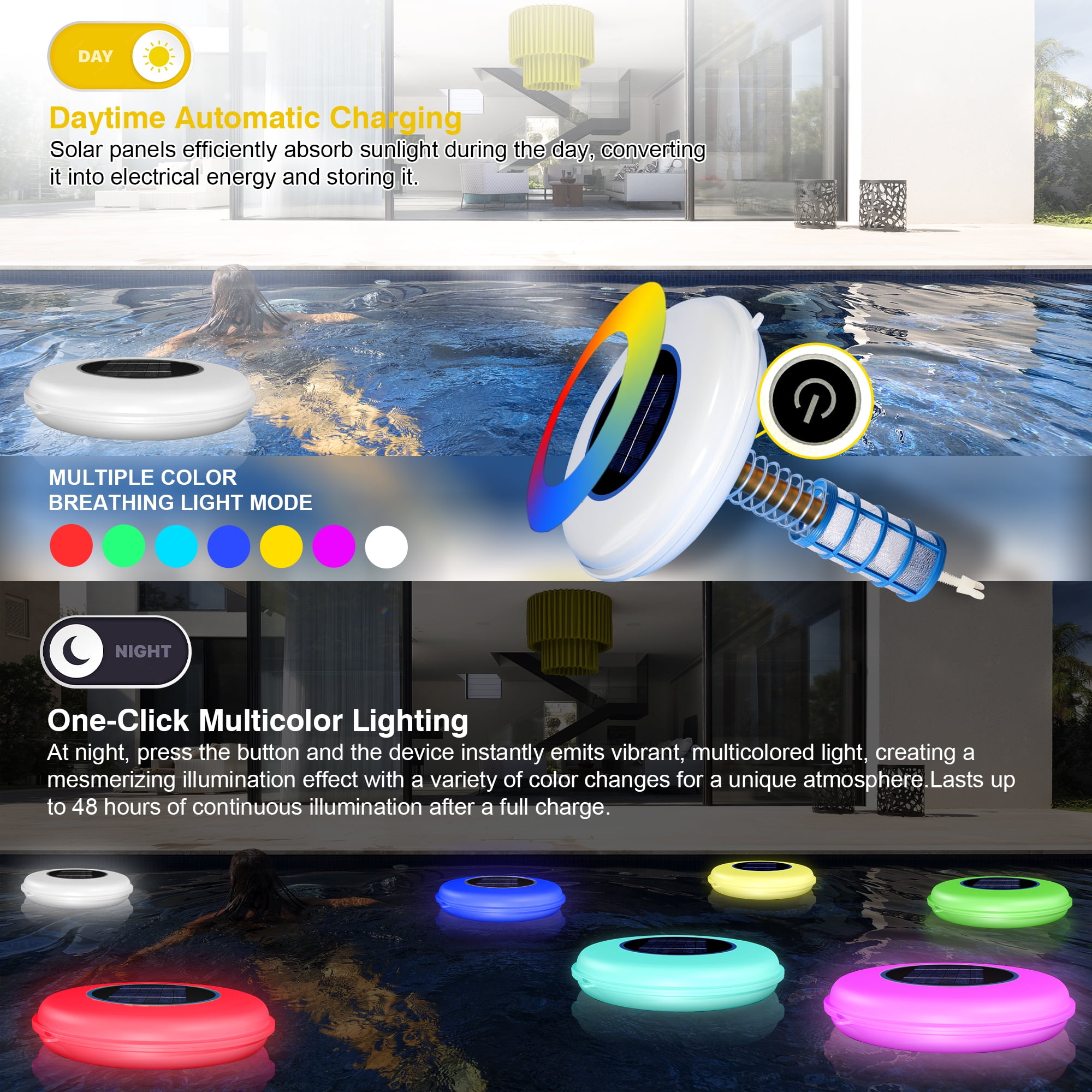 FOXLUX Solar Pool Cleaner & LED RGB Floating Light with Copper Ionization, Solar Powered for Crystal Clear Water, Up to 35,000 Gallons, for Fresh & Salt Water Pools & Spas
