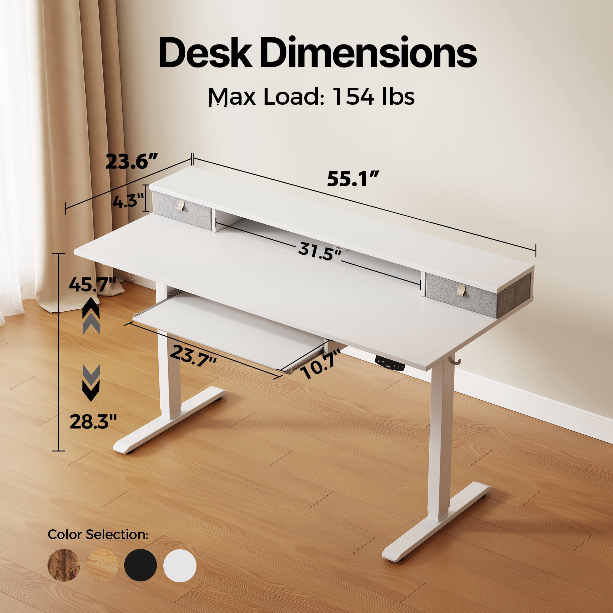 55.1 Inch Electric Standing Desk with 2 Drawers & Keyboard Tray, Adjustable Home Office Desk Ergonomic Sit to Stand Computer Desk with Hooks for Gaming & Work,White