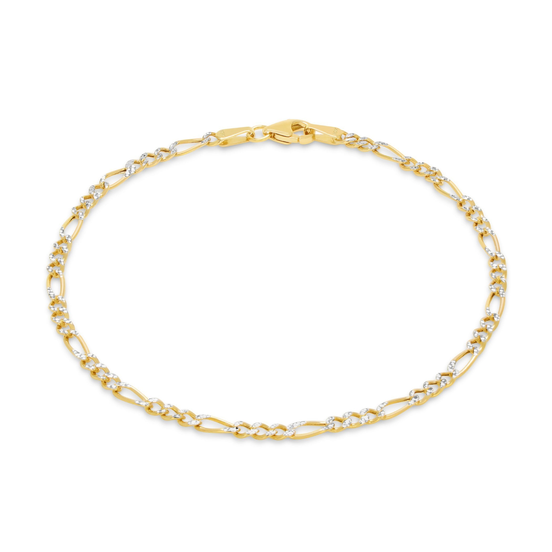 Nuragold 10k Real Yellow Gold Figaro Link 2.5mm Diamond Cut Two Tone Pave Chain Bracelet or Anklet (7"-9") Italian Jewelry for Men & Women