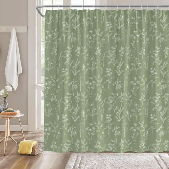 Sage Green Botanical Shower Curtain Boho Herbs Floral Nature Cute Plant Leaves and Flowers Retro Rustic Farmhouse Vintage Fabric Bathroom Decor Fabric Curtain with Hooks 36"W x 72"L (Pack of 1)