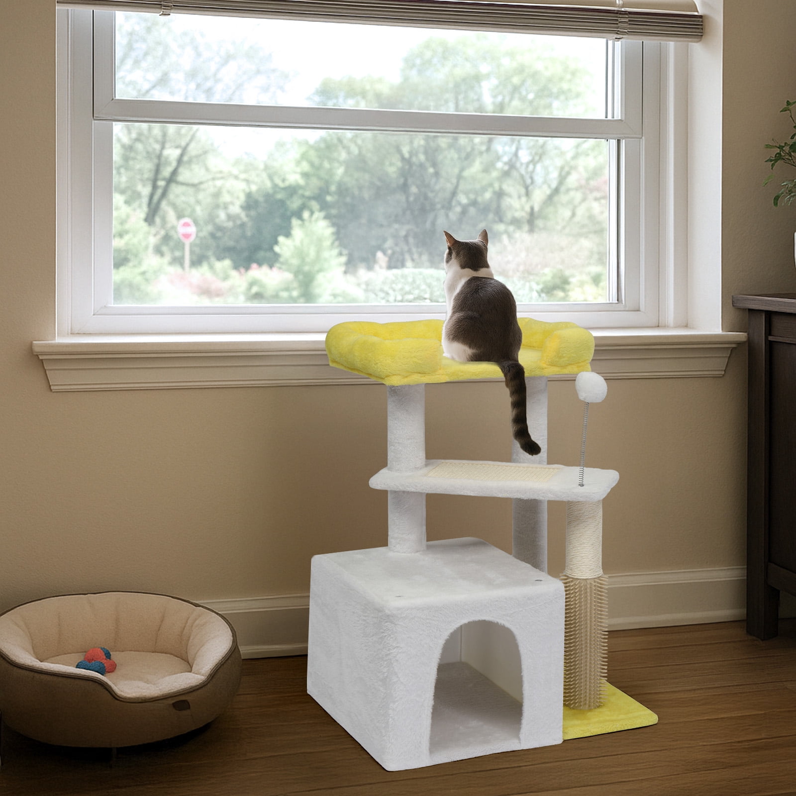 3 Tier Compact Cat Tree Tower, Sisal Scratching Posts & Board With Private Cat Condo, Top Perch Hanging Toy Ball Stable Indoor Cat Activity Furniture For Multi Cat Families