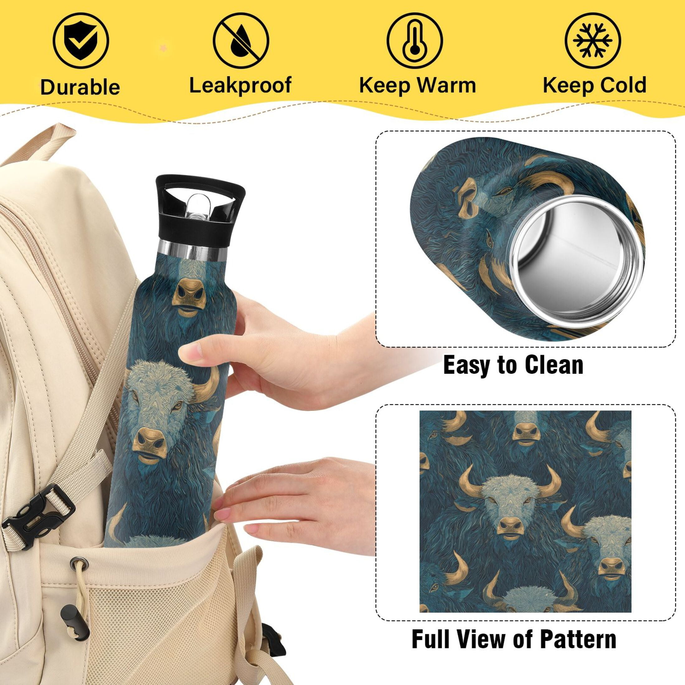 600ML Stainless Steel Insulated Cup Sports Water Bottle Portable Thermos Cup Water Glasses Insulated Tumblers Convenient and Durable Blue Bull Seamless
