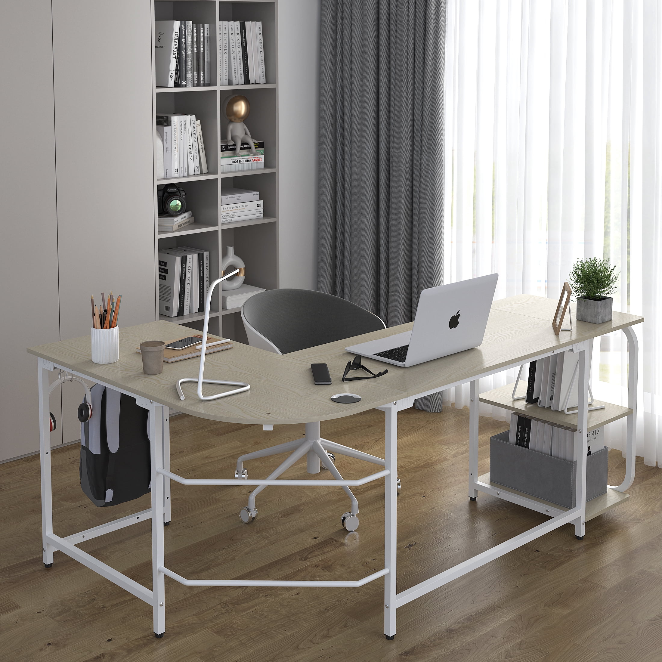 GEZEN 70" L Shape Computer Desk with 2-tier Bookshelf Storage, Home Office Corner Computer Table with Hooks, Beige