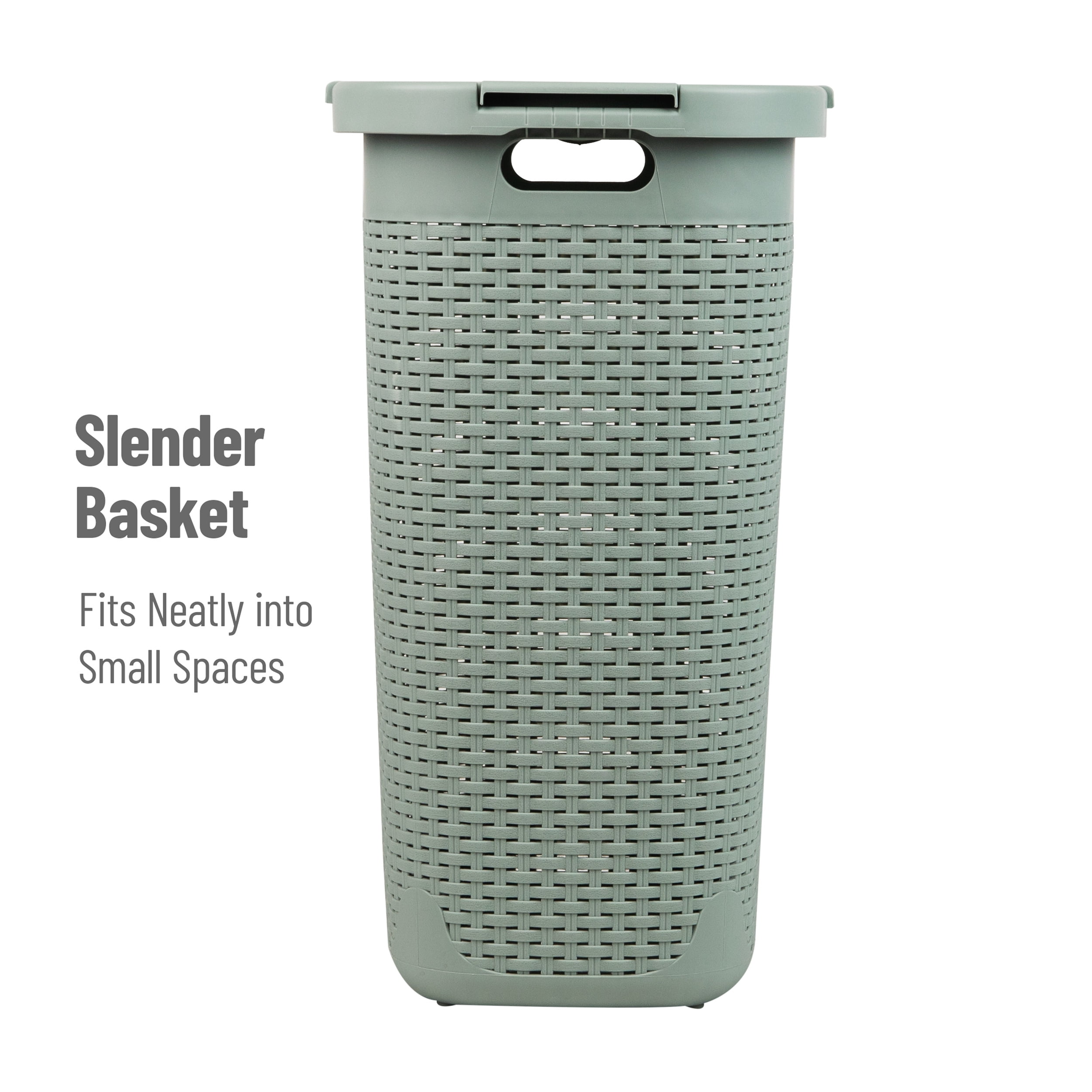 Mind Reader 60L Slim Laundry Hamper, Clothes Basket, Lid, Wicker Design, Plastic, Mint