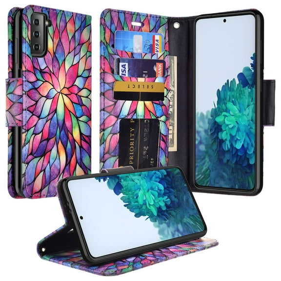 Samsung Galaxy S21 Ultra Case, Wrist Strap Leather Wallet Case [Kickstand] with ID & Card Slots - Rainbow Flower