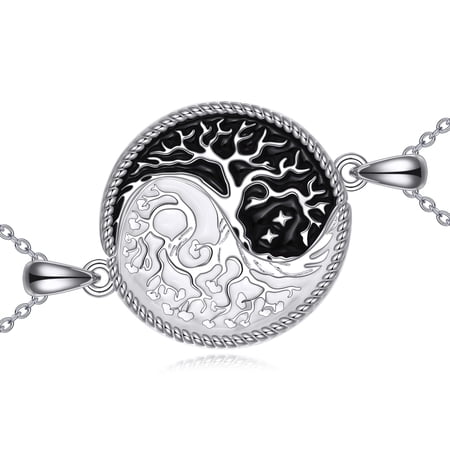 MYSTICPOEM Sterling Silver Yin Yang Couple Necklace - Tree of Life Pendant for Women & Men, Matching BFF/Boyfriend Gift (925 Silver)