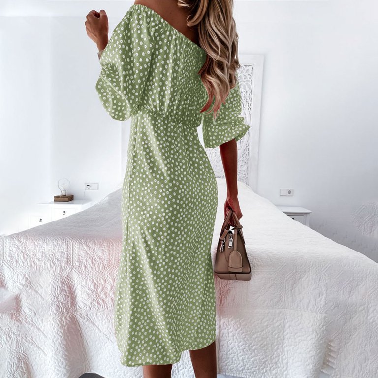 SCSAlgin Women's Half Sleeve One Shoulder Slit Midi Dress Lace Up Dots  Printed Dresses Casual Loose Beach Dress - Walmart.com