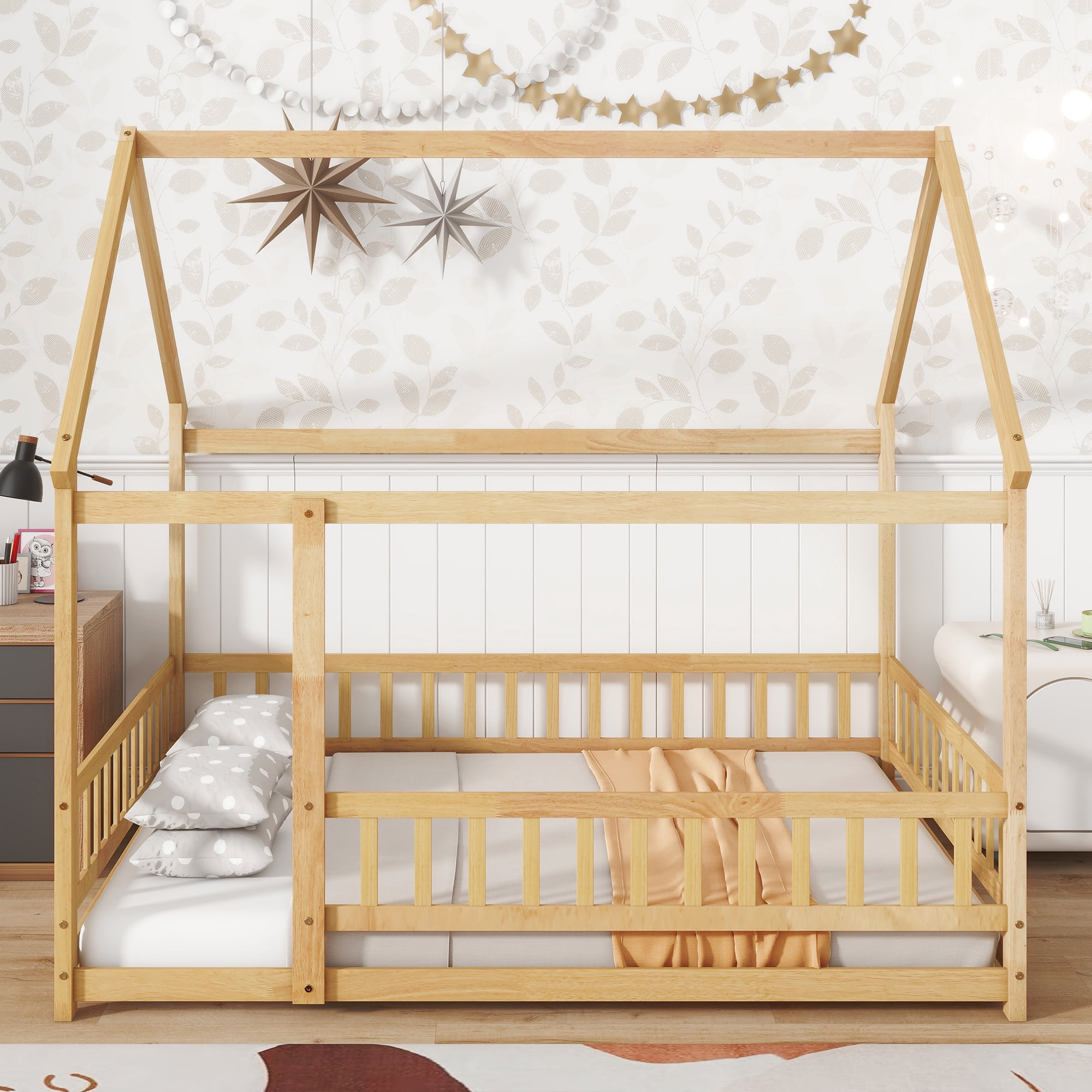Sailvan Full Size House Floor Wooden Bed with Roof Frame, Safety Guardrails