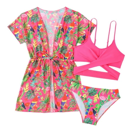 WOYY Little Girls 3 Piece Swimsuits Tropical Print Bikini Bathing Suit with Cover Up Swimwear Set