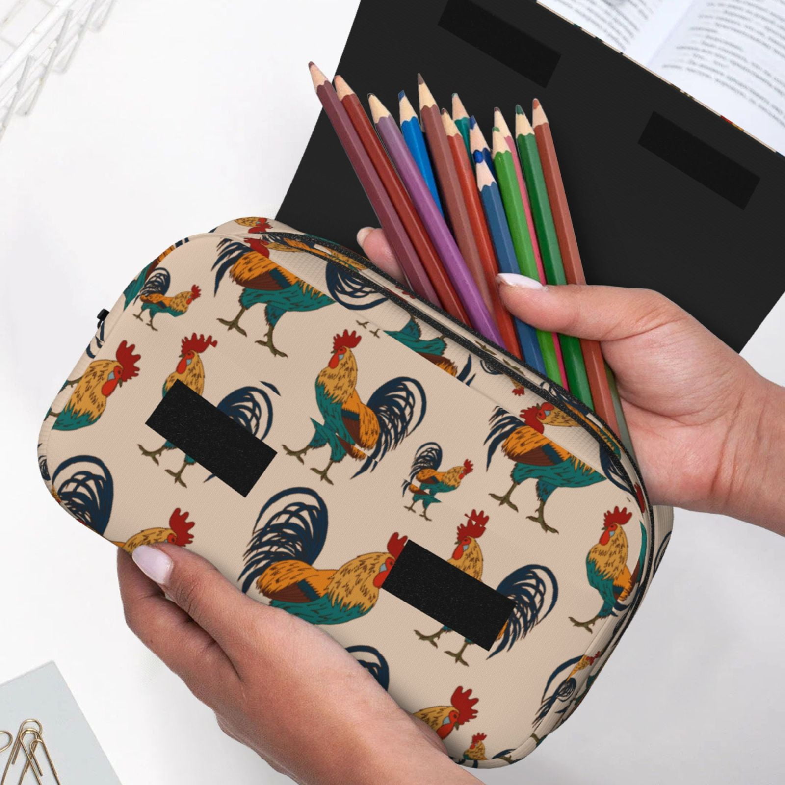 Rateoe Rooster Pattern Double Clamshell Pen Case, Storage Organizer with Two Zipper Compartments– Holds Up to 50 Pencils & Pens