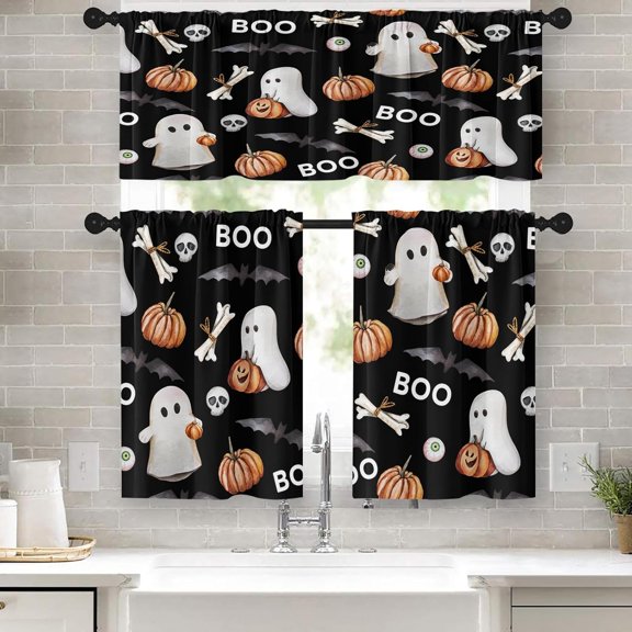 Halloween Kitchen Curtains Cute Ghost Window Curtains Valance and Tier Set 36 Inch, Pumpkin Skull Bat Bones Black Rod Pocket Short Tier Curtain for Room, Boo Funny Small Cafe Kitchen Decor