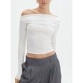 thumbnail image 3 of Michellecmm  Women Off Shoulder Crop Tops Long Sleeve Solid Color Ruched T-Shirts, 3 of 7