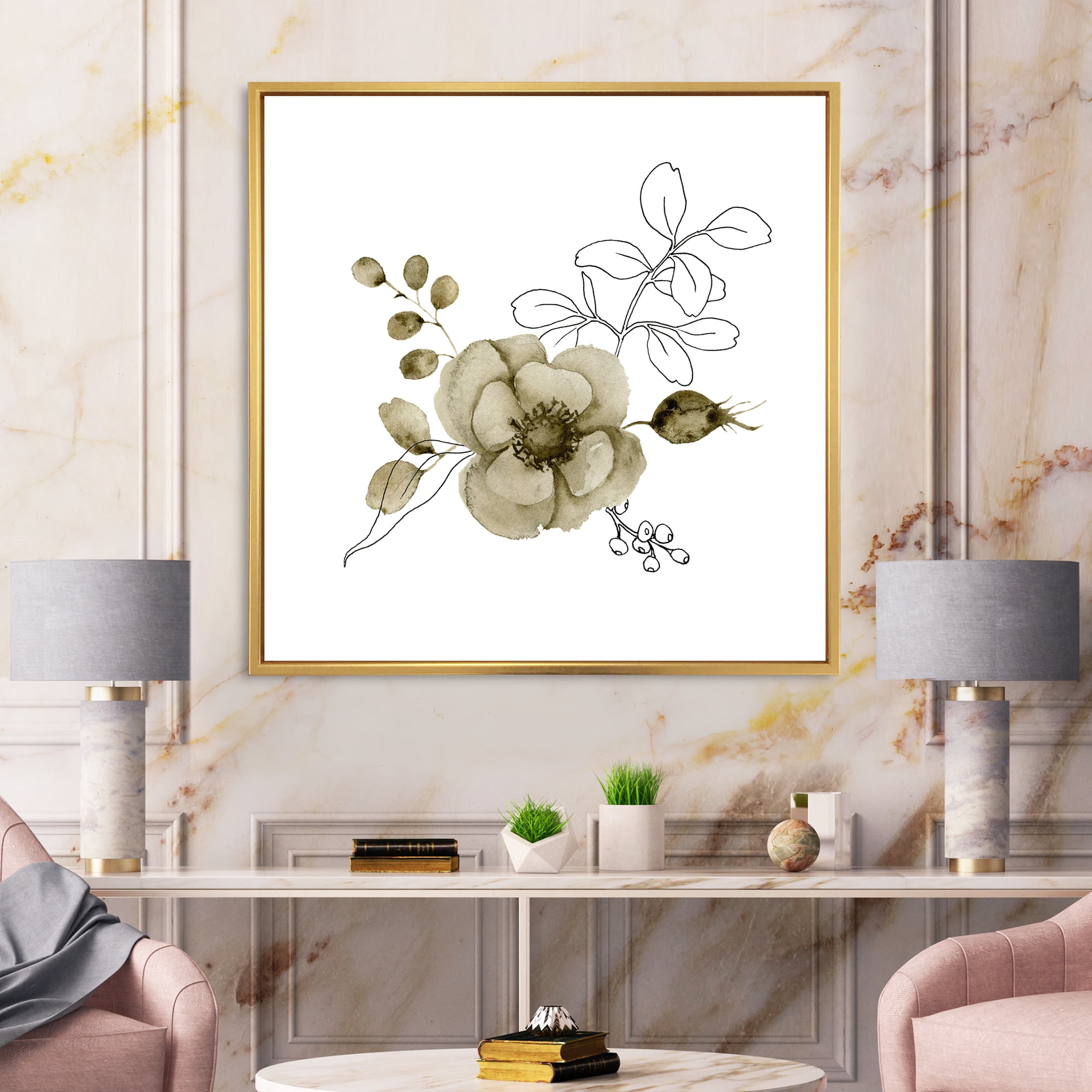 Designart 'Eucalyptus Branches With Anemone Bouquet Flower II' Traditional Framed Canvas Wall Art Print