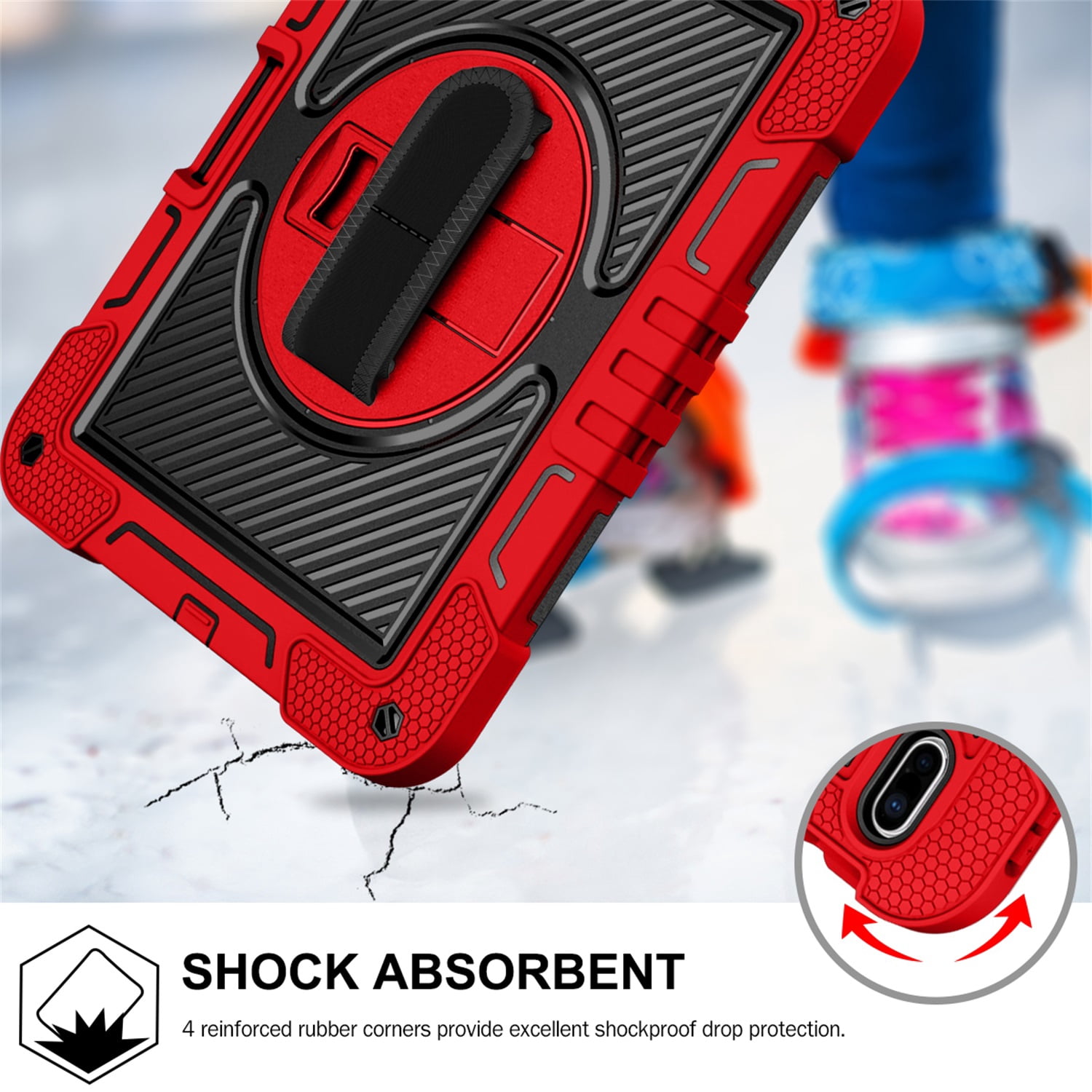 Tarise Case for Apple iPad 10th Generation 10.9 inch (2022), 360° Rotating Kickstand with Pencil Holder/ Hand Strap/ Shoulder Strap Hard PC Rugged Silicone Shockproof Bumper Stand Cover, Red+Black