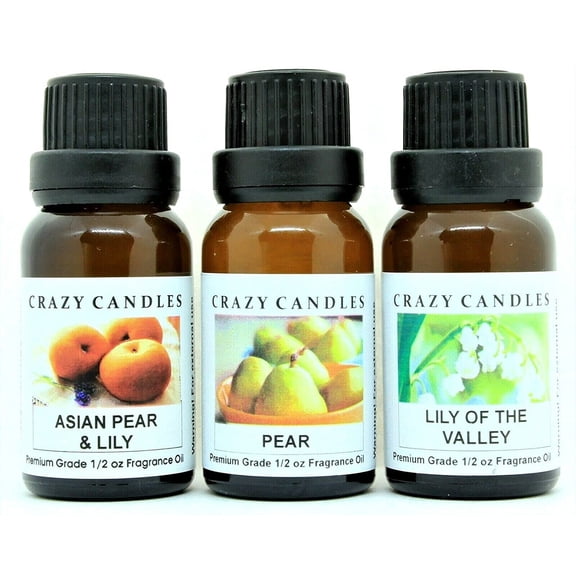 Crazy Candles 3 Bottles Set, 1 Asian Pear & Lily, 1 Pear, 1 Lily of The Valley 1/2 Fl Oz Each (15ml) Premium Grade Scented Fragrance Oils