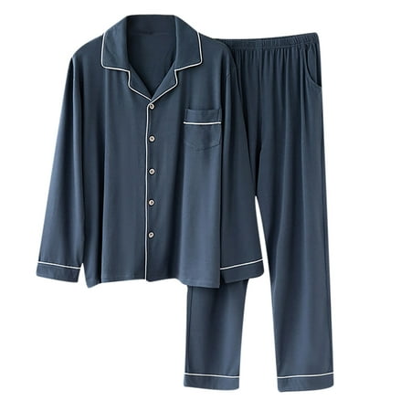 

Dadaria Pajamas for Women Men Casual Solid Cardigan Long Sleeves Sleepwear Tops And Pants Turndown Suit Dark Blue XXXL Men