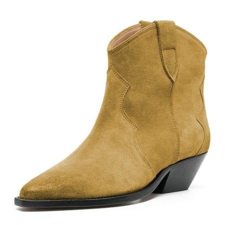 FSJ Women Western Cowboy Cowgirl Stacked Low Heel Short Boots Faux Suede Pointed Close Toe Pull On Retro Ankle Booties Formal Outfit Shoes Size 6.5 Goldenrod