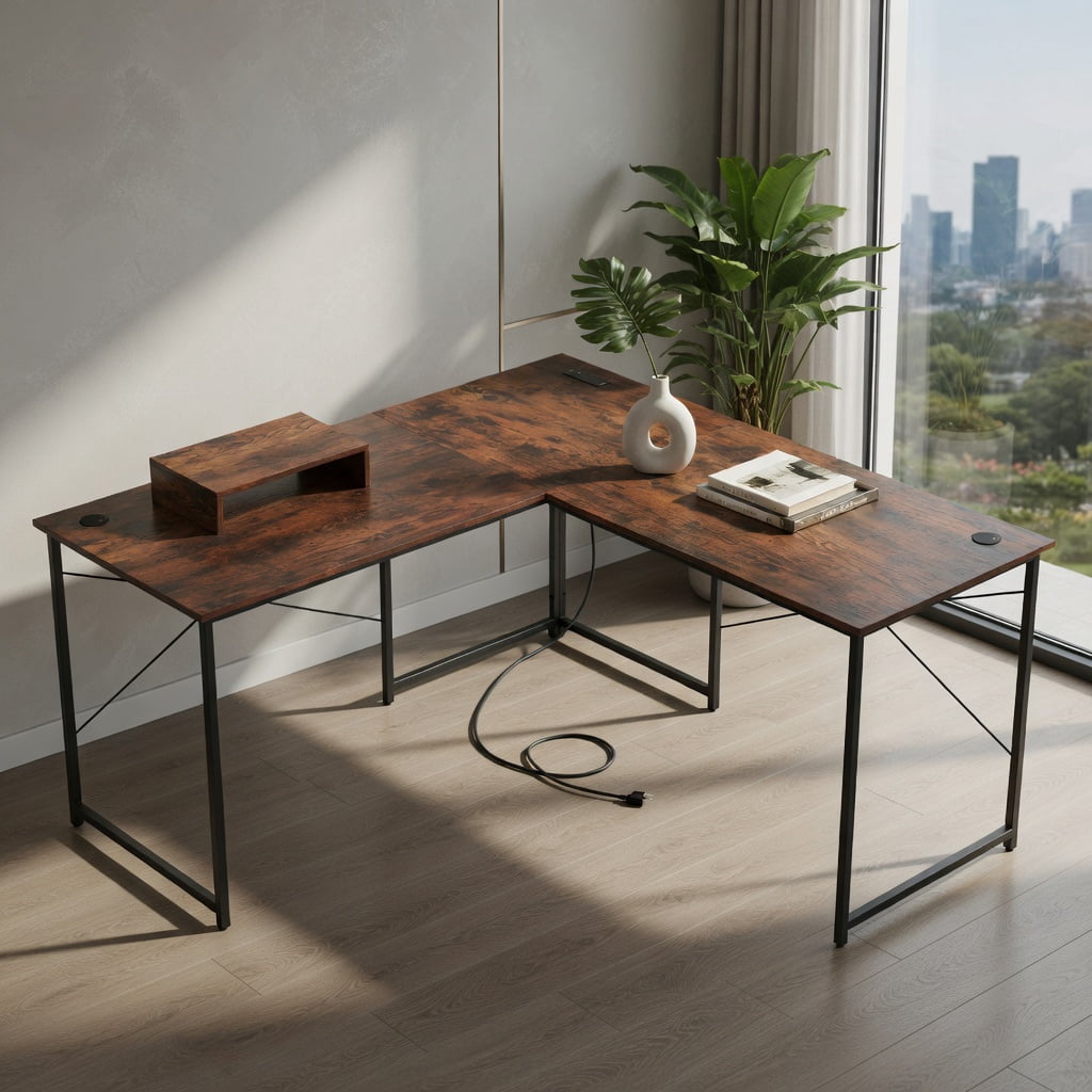 Demi Bonn 95" 2-Person L-Shaped Long Reversible Computer Desk with Monitor Stand, Small Home Office Desk Study Writing Table, Rustic Brown