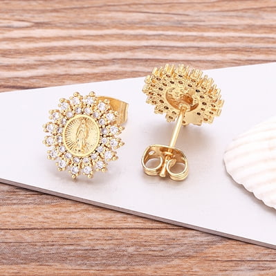 Nidin Charm Lovely Cute Round Virgin Mary Stud Earrings Copper Gold Color Clear Cubic Zirconia Women Wedding Party Jewelry