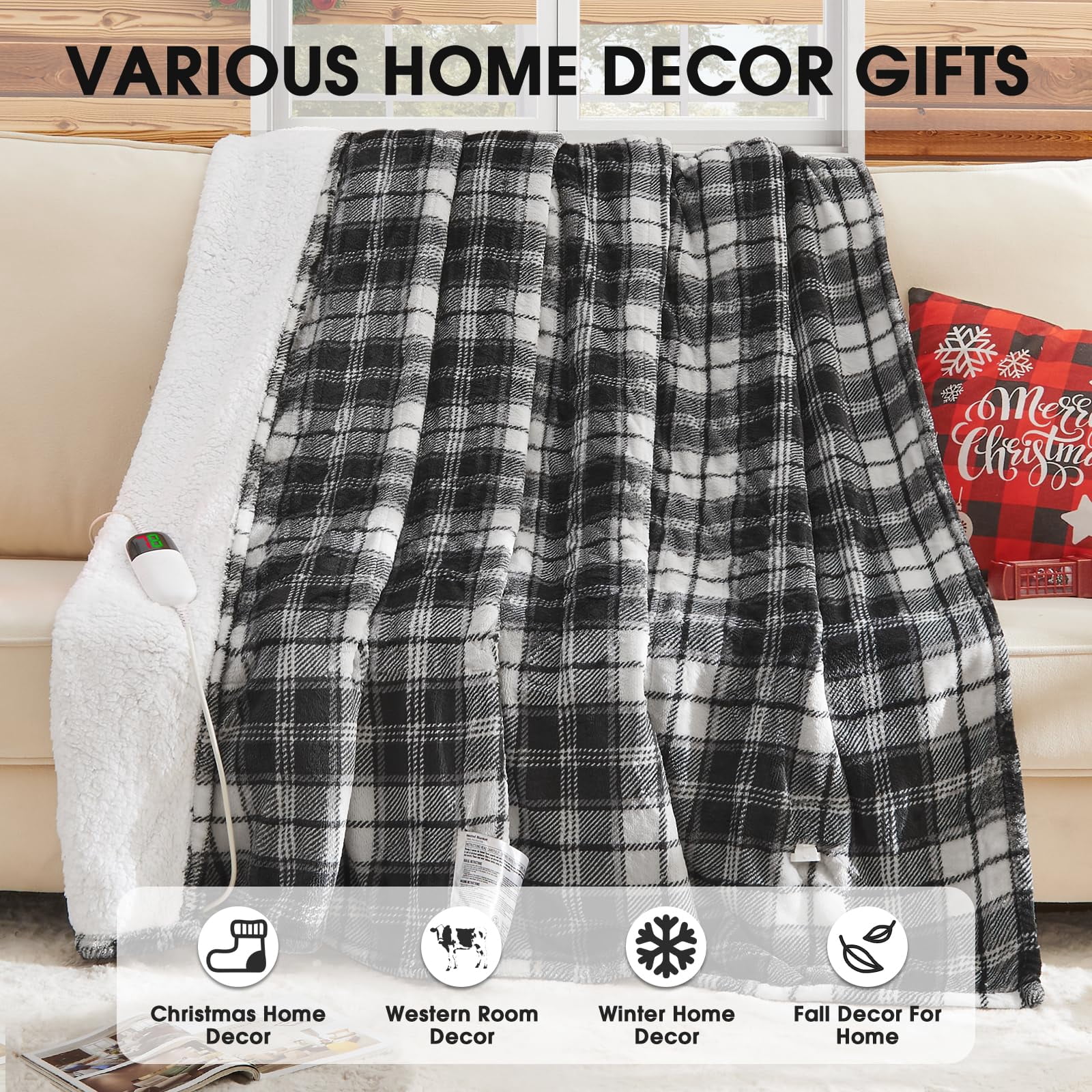 Black Heated Blanket Electric Throw  50x60 Heating With 10 Heats Levels & 8 Hours Auto Off Plaid Soft Sherpa Blankets Warmer Gifts For Men Dad Home Decor Living Room Bedroom Office