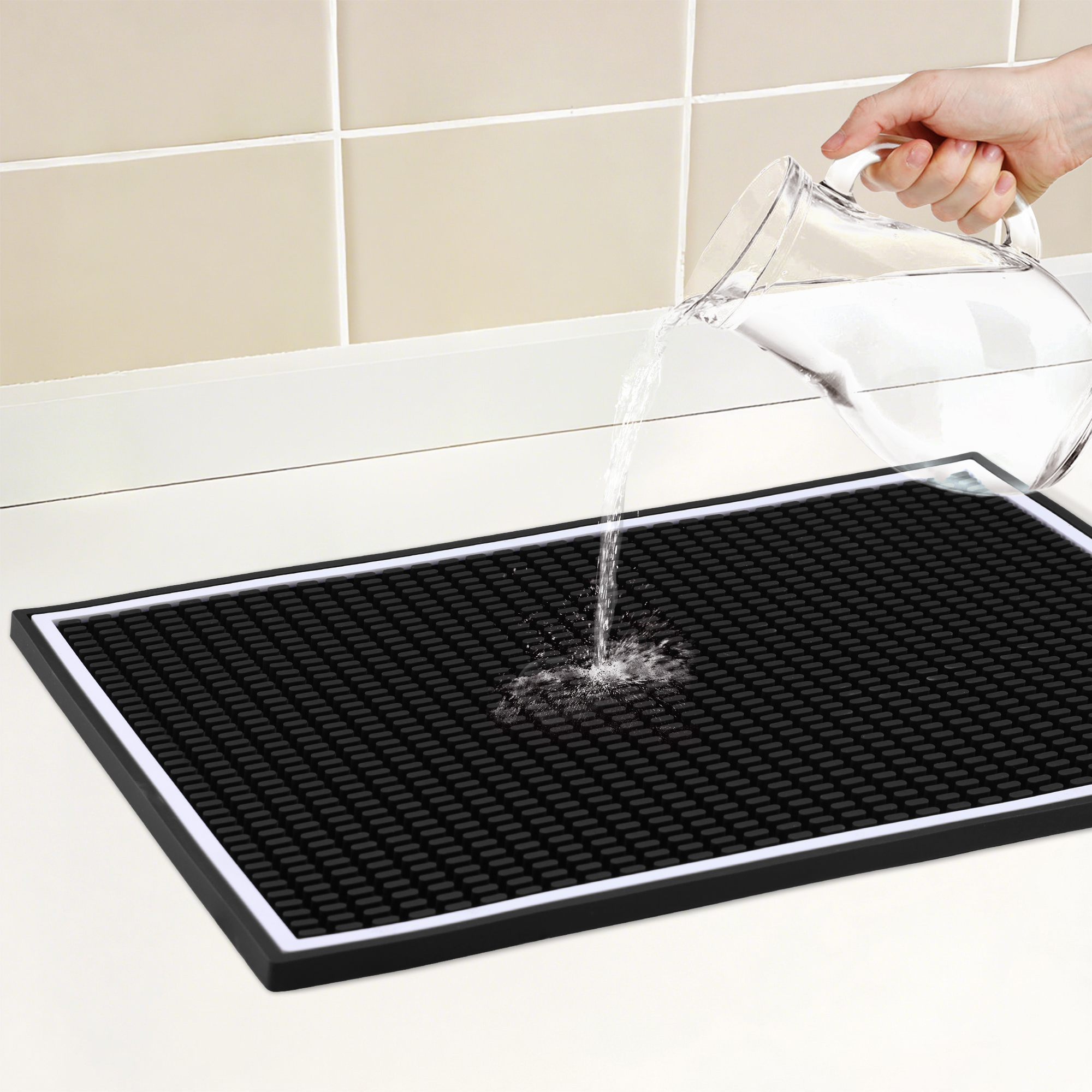 Unique Bargains Waterproof Dish Drying Mat with Concave Design Black 17.7*11.8*0.4 inch