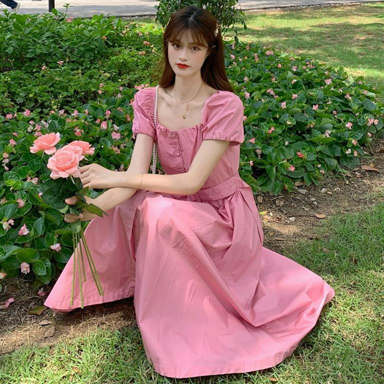 PIKADINGNIS Summer Pink Square Collar Long Dress Women Korean Style with  Belt Puff Short Sleeve Dresses High Waist A-line Vestidos