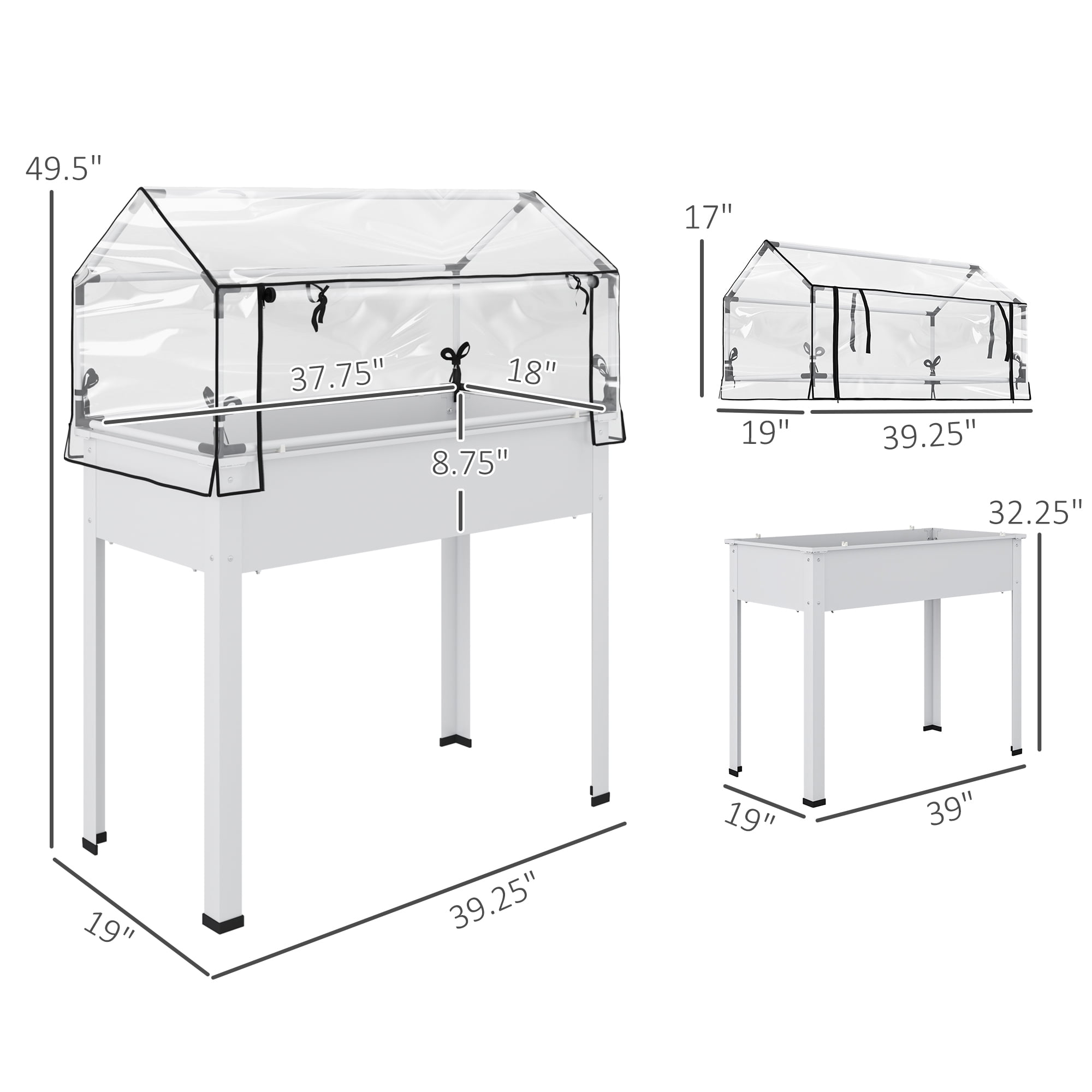 Outsunny Raised Garden Bed with Greenhouse Cover, Elevated Garden Box with Legs and Drainage Hole for Vegetables, White