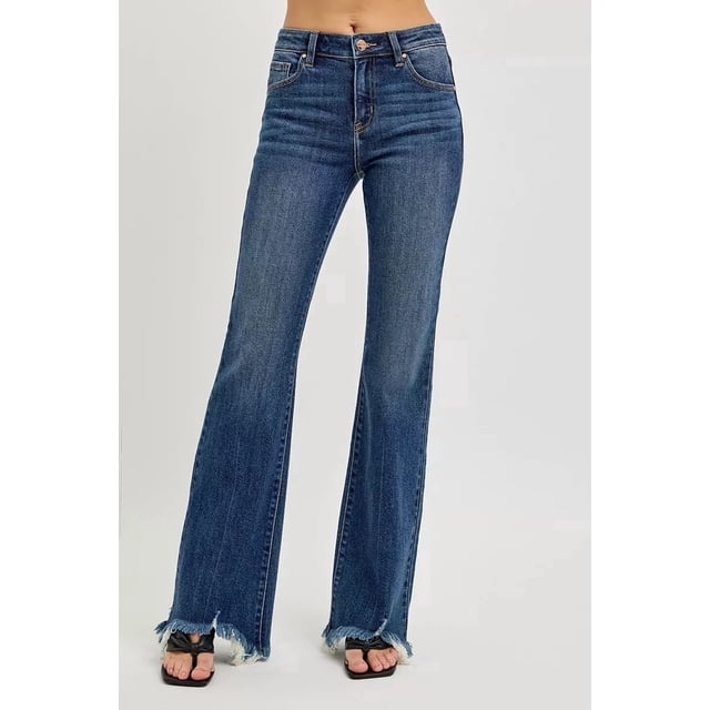 I AM A FASHION JUNKY RISEN Full Size Mid Rise Flare Frayed Hem Jeans Plus Size (DARK, 9)