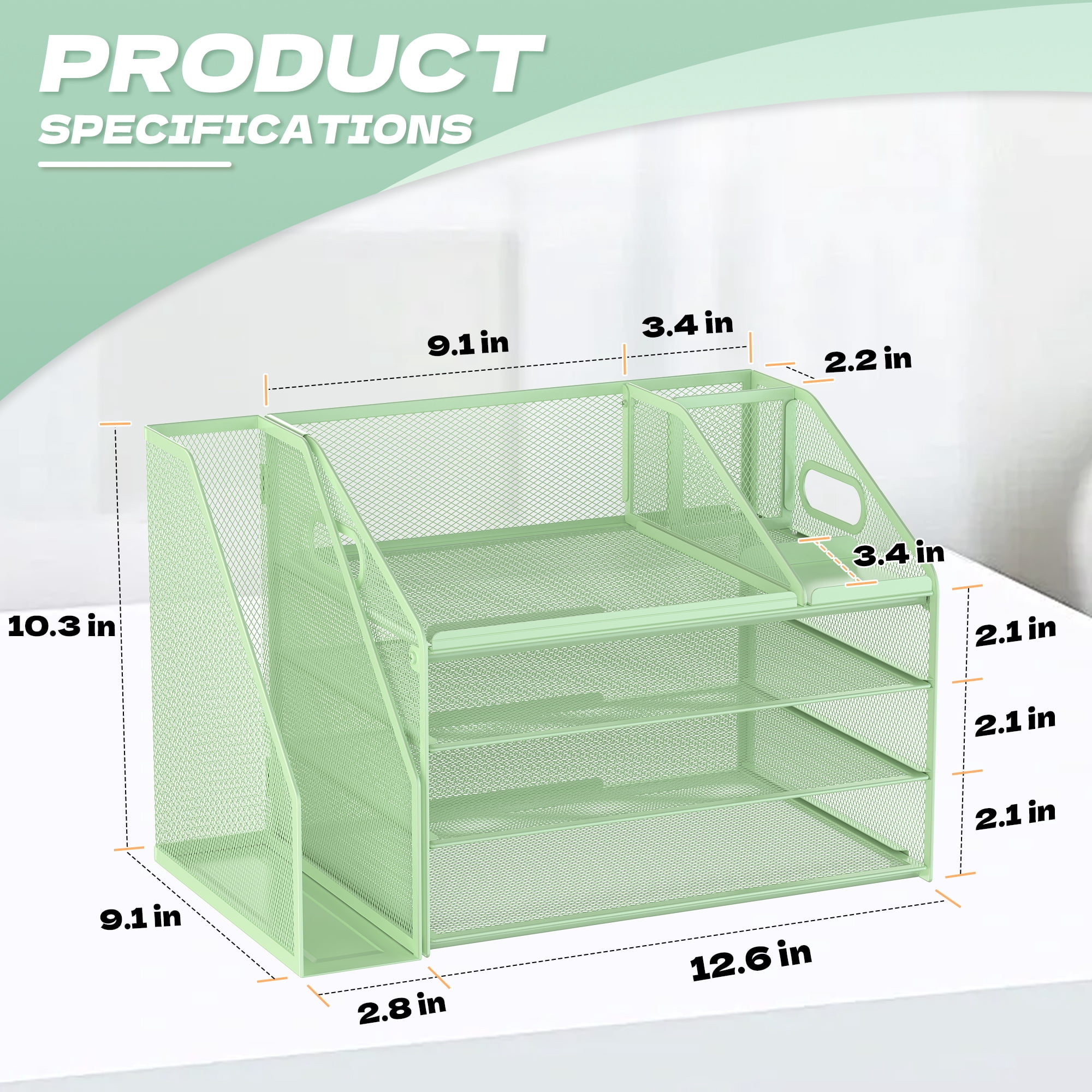 Yinghua 4-Tier Paper Letter Tray File Organizer, Mesh Desk Organizer with Handle & Pen Holder, Office Workspace Storage - Green