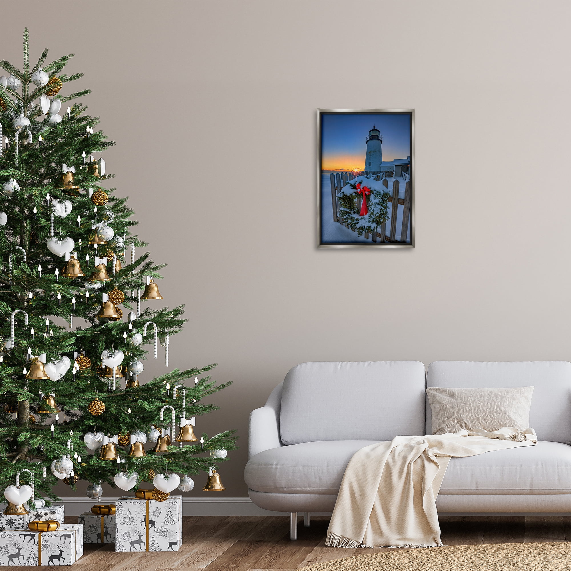 Stupell Industries Christmas Beach Lifehouse Holiday Painting Gray Floater Framed Canvas Art Prints Wall Art, 17 x 25