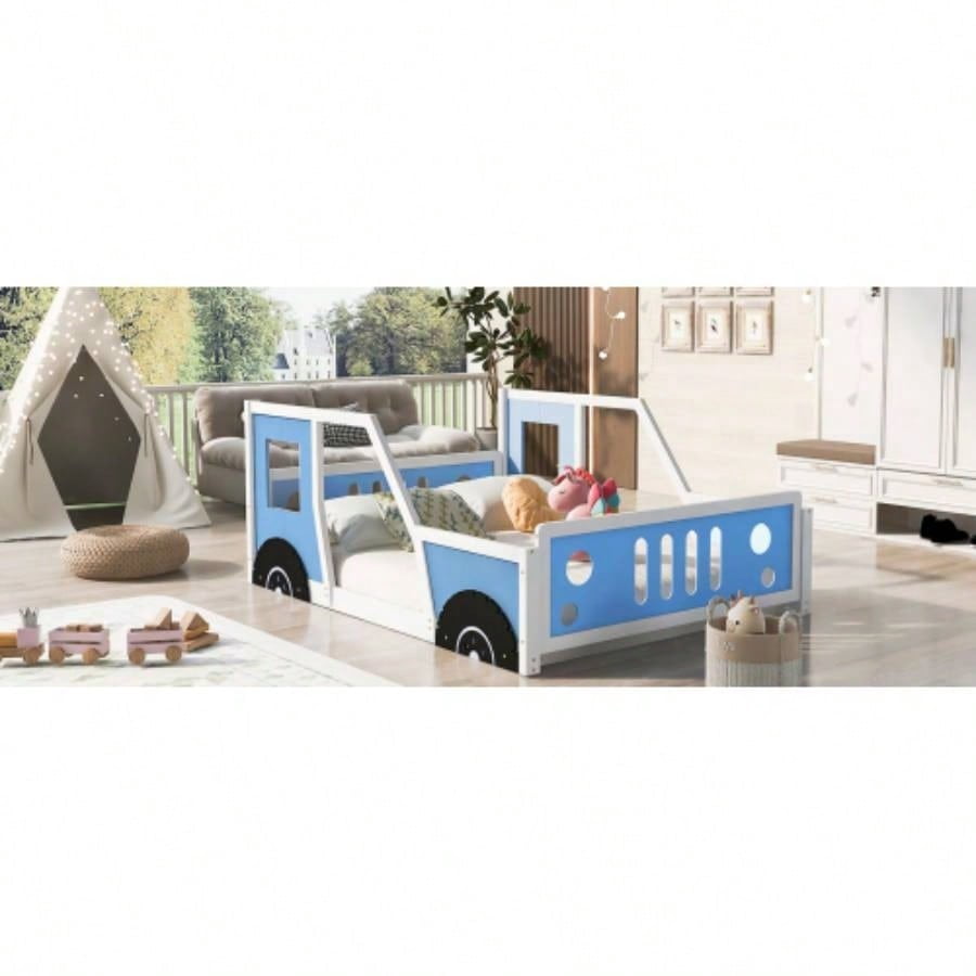 Full Size Classic Car - Shaped Platform Bed with Wheels, Blue