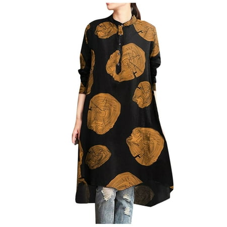 

Maternity Dress Summer Dress Women Vintage Print Long Sleeve O Neck Button Baggy Cotton Casual Shirt Dress Wedding Dresses for Bride Summer Dresses for Women on Clearance Yellow S