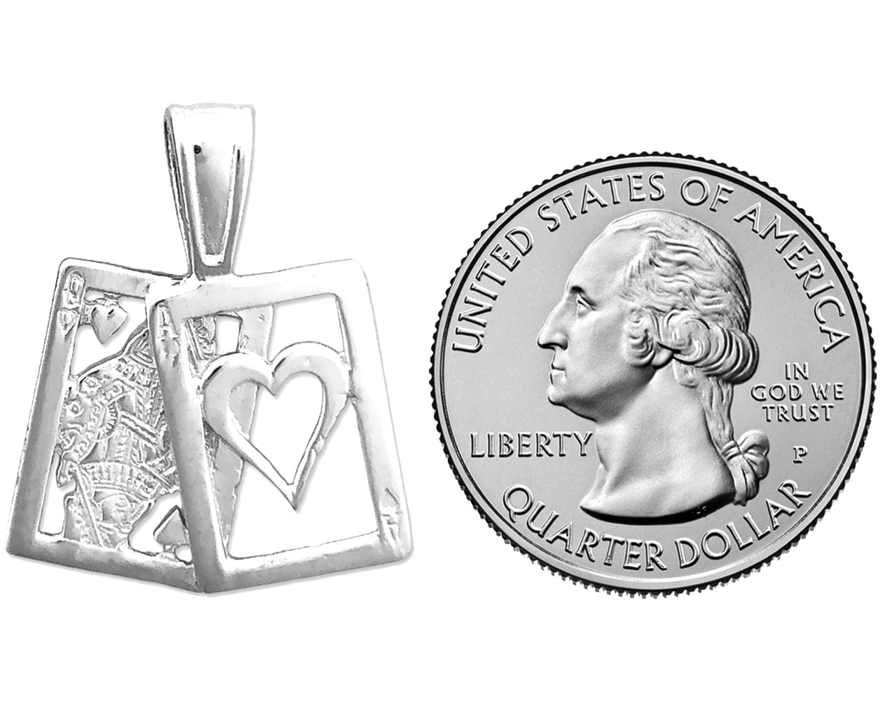 Rhodium Plated 925 Sterling Silver Ace Queen of Hearts Playing Cards Slide