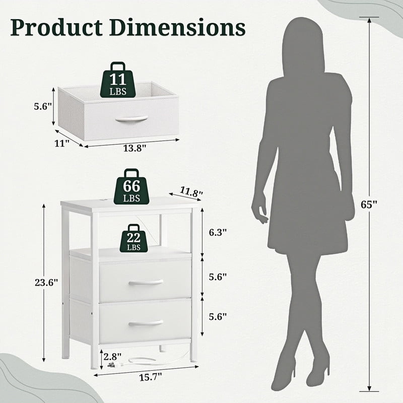Kelno Nightstand with 2 Fabric Drawers Charging Station Small Bedside Table with Wood Top Open Storage Shelf, White