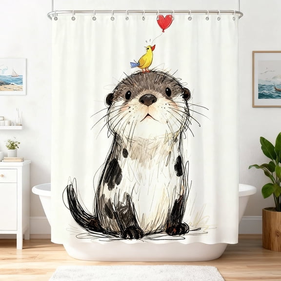 Auckpure Cute Otter and Yellow Bird Wall Art Print, Whimsical Animal Illustration with Heart Balloon for Kids’ Room, Nursery, and Home Decor