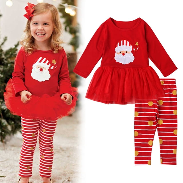 Conjuntos de ropa de manga larga con camiseta de Papá Noel y pantalones a rayas para niñas pequeñas, ropa para niñas pequeñas