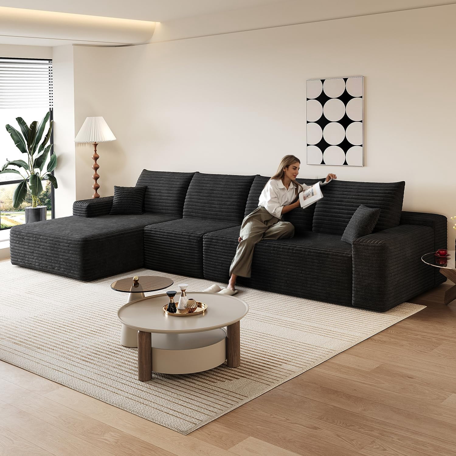 Sailvan 135" Cloud Sectional Couch, Cloudy Sofa with L-Shape Chaise, Upholstered Couches for Living Room & Bedroom, No Assembly Required, Plush Corduroy Fabric, Black