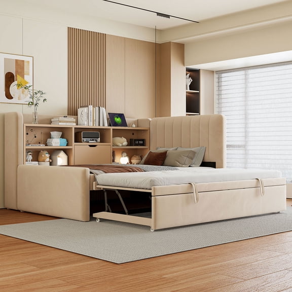 MODERNLUXE Twin Size Daybed with Trundle, L-Shaped Platform Bed Frame with Storage Shelves,USB Ports & Outlet, Twin Corner Bed for Living Room,Beige