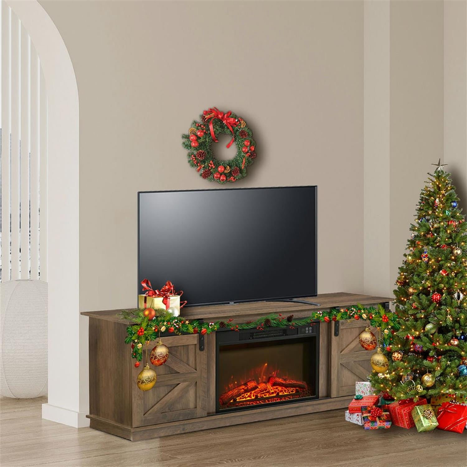 Demi Bonn Modern Fireplace TV Stand for Television up to 65" with Storage and Farmhouse Sliding Barn Doors, Entertainment Center with Cabinet and Shelves, Brown