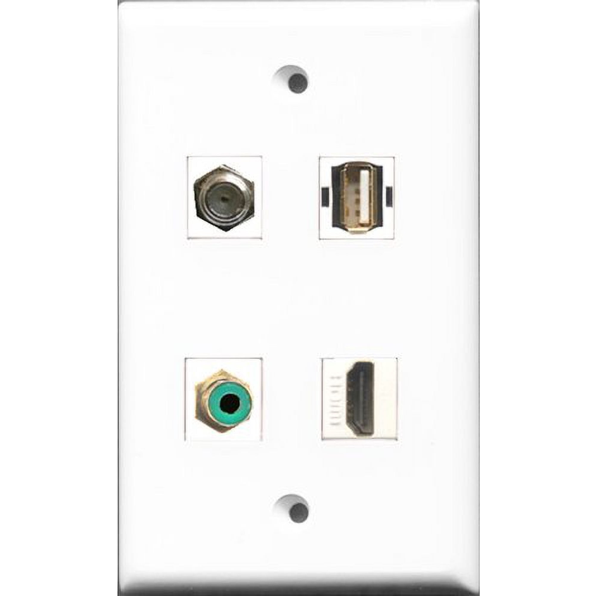 RiteAV 1 Port HDMI and 1 Port RCA Green and 1 Port Coax Cable TV- F-Type and 1 Port USB A-A Wall Plate