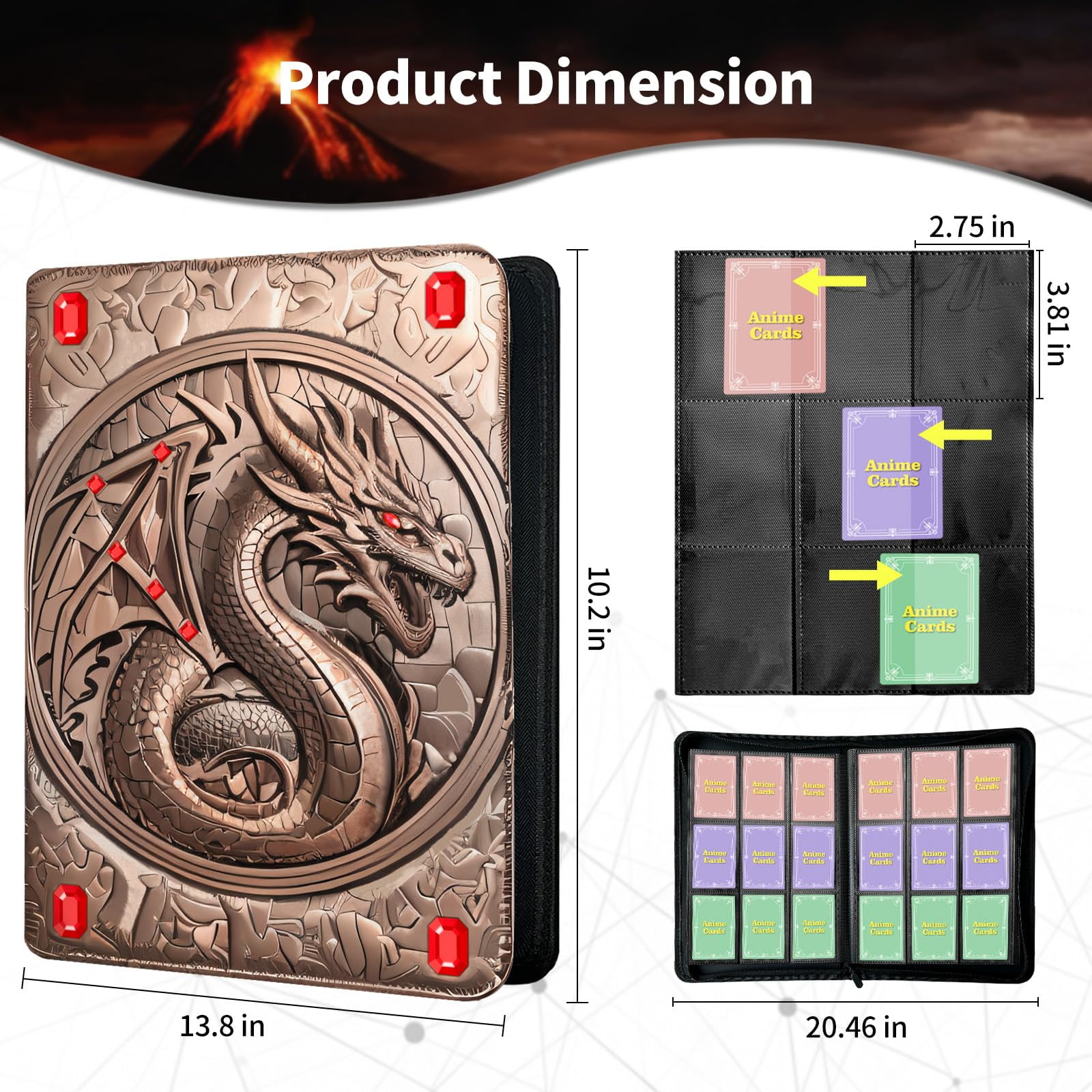 Aokeyee Trading Card Binder 3D Embossed Premium PU 9 Pocket 360 Cards Holder Card Album for MTG, TCG, Sport Cards